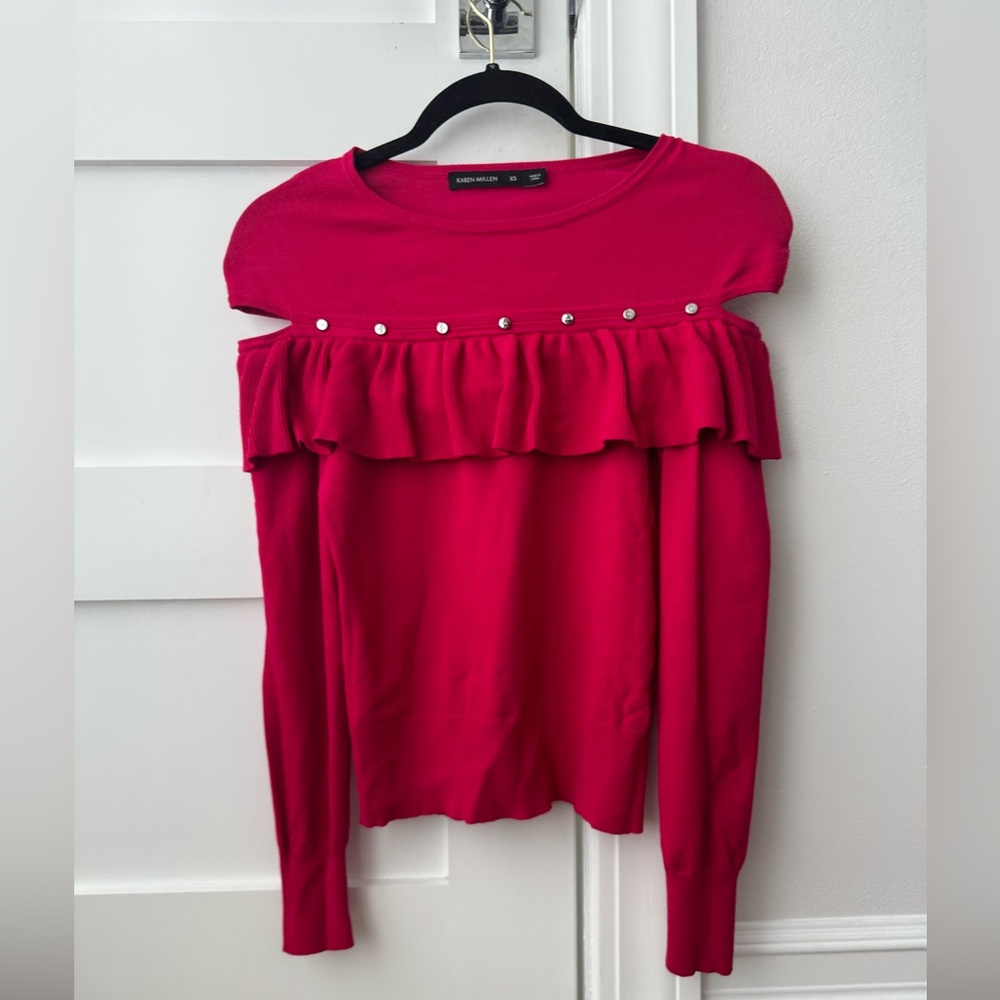 Karen Millen Off-Shoulder Ruffle Sweater XS